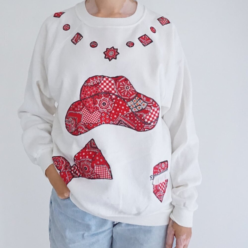 Vintage Hanes Cream Bandana Patchwork Cowboy Hat Western Cabincore Sweater XL